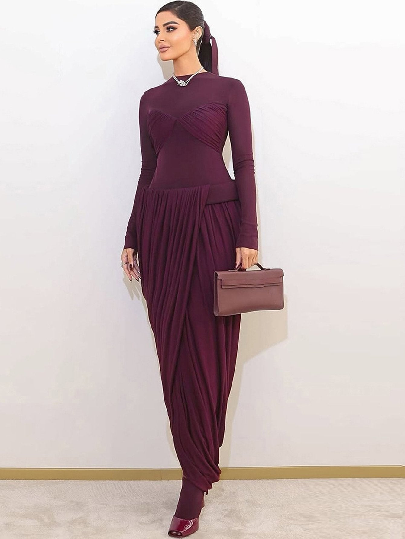 Sheer Bodice Draped Midi Dress