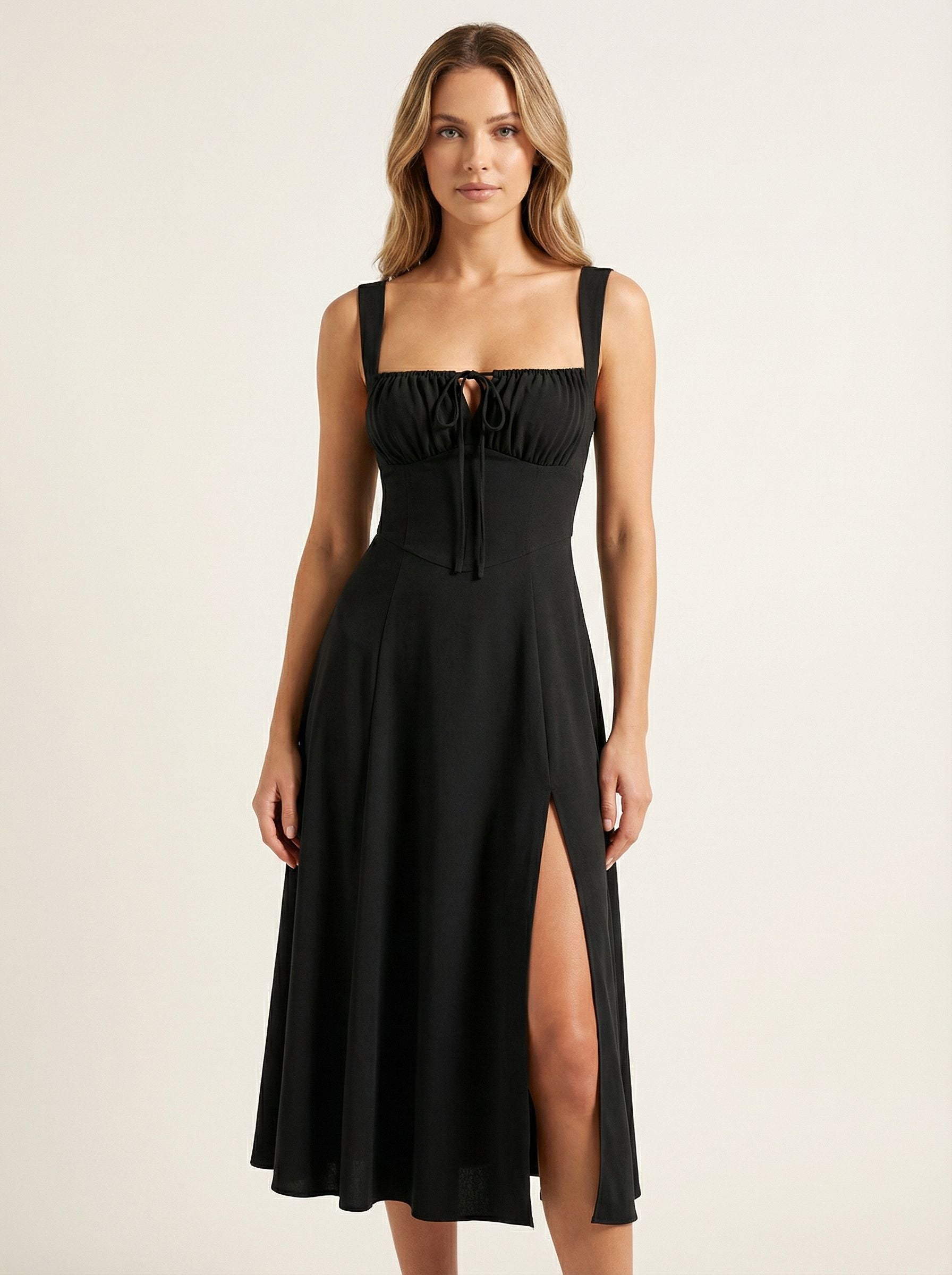 Smocked Bust Tie-Front A-Line Vintage Midi Dress-Black