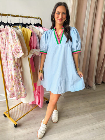 Puff Sleeve Color Trim Midi Dress