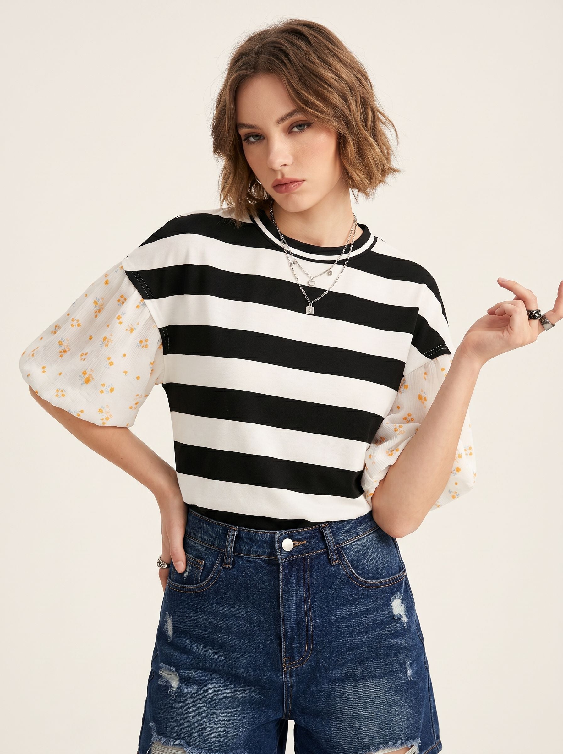 Floral Sleeve Striped Unique T-Shirt