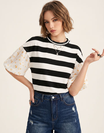 Floral Sleeve Striped Unique T-Shirt