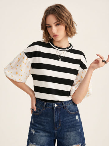 Floral Sleeve Striped Unique T-Shirt