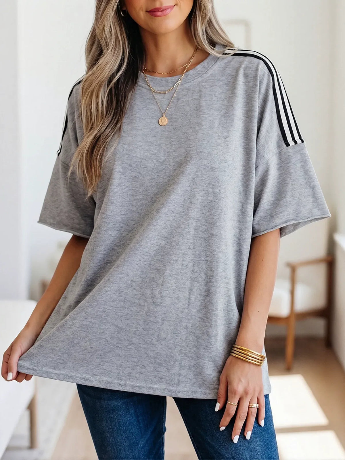 Oversized Striped Shoulder Casual T-Shirt