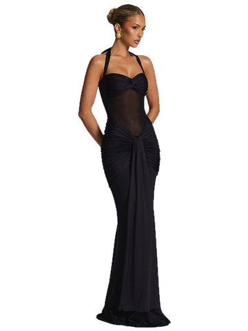 Sexy Halter Mesh Insert Maxi Dress