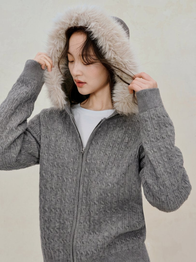 Faux Fur Hooded Cable Knit Cardigan