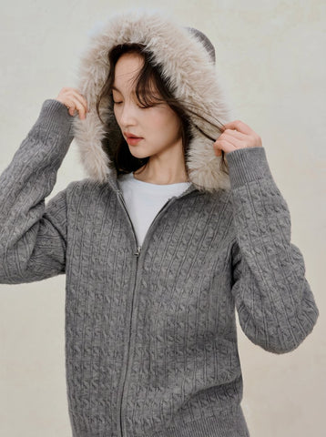 Faux Fur Hooded Cable Knit Cardigan