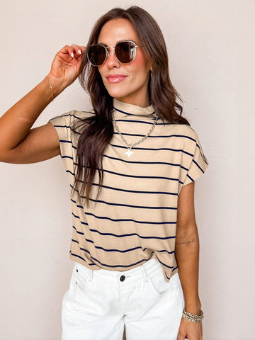 Striped Mock Neck Ribbed Sweater