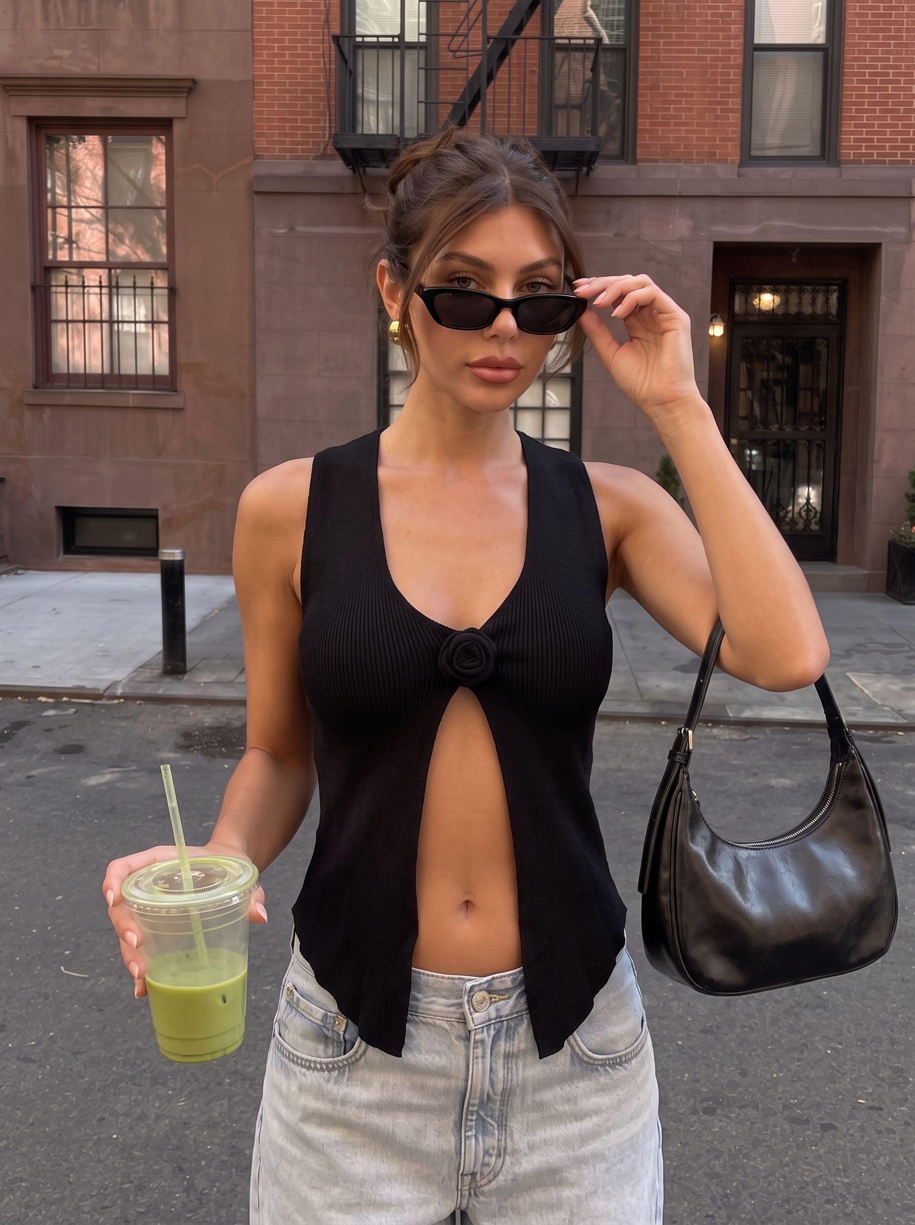 Ribbed Rose Detail Knit Tank Top