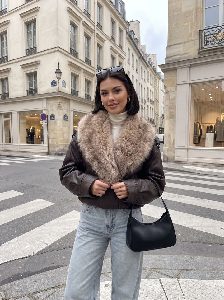 Faux Fur Collar Cropped Leather Jacket