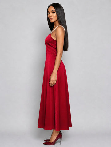 Elegant Pearl Strap Satin Midi Dress