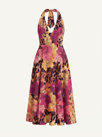 Floral Print Halter Neck Tie Back Midi Dress