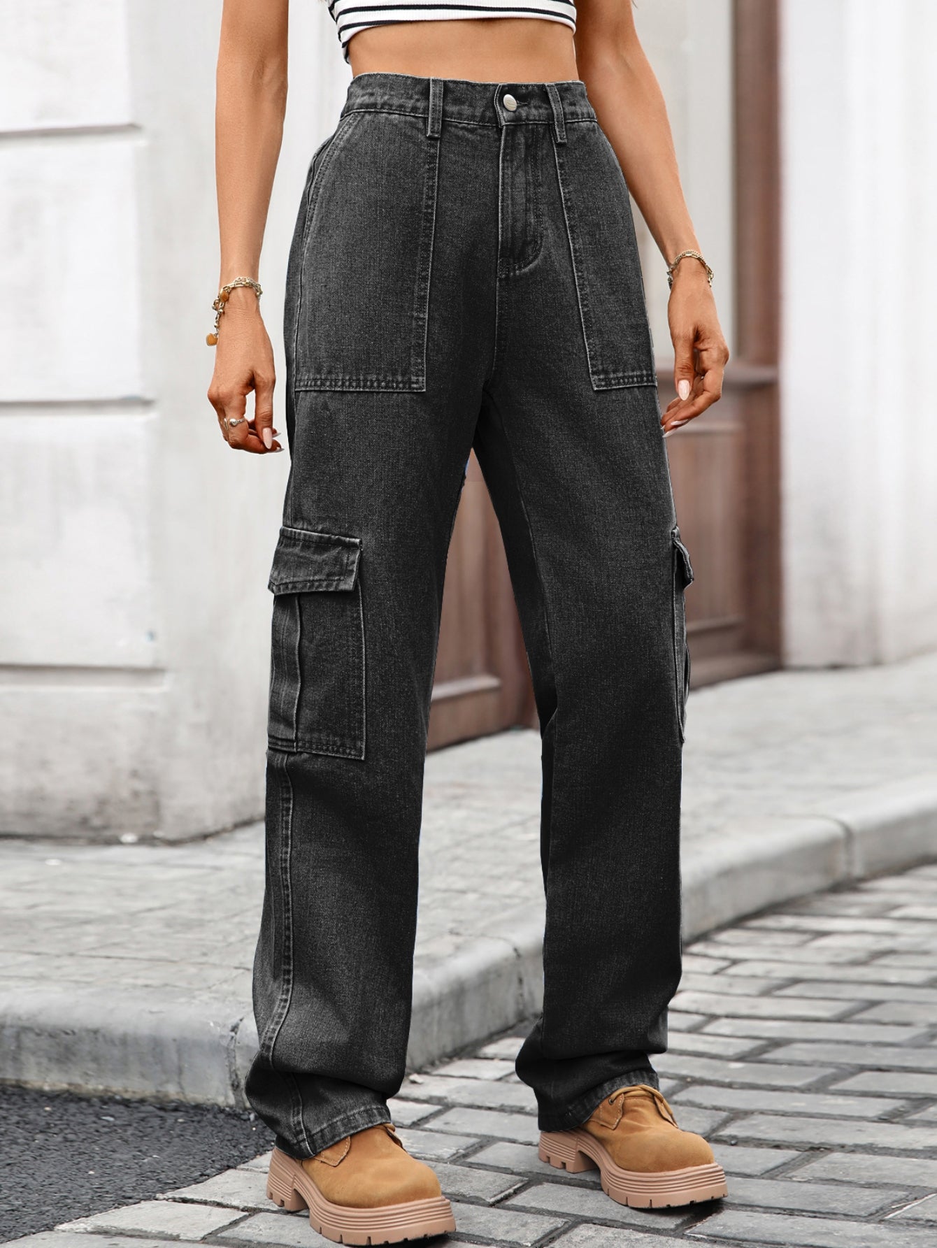High Waisted Black Cargo Jeans