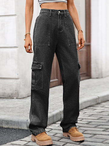 High Waisted Black Cargo Jeans