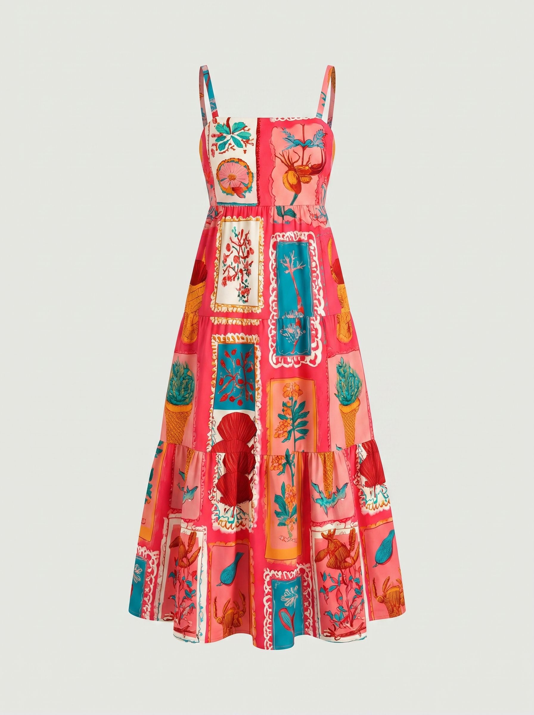FLORA Floral Print Tiered Strap Midi Dress