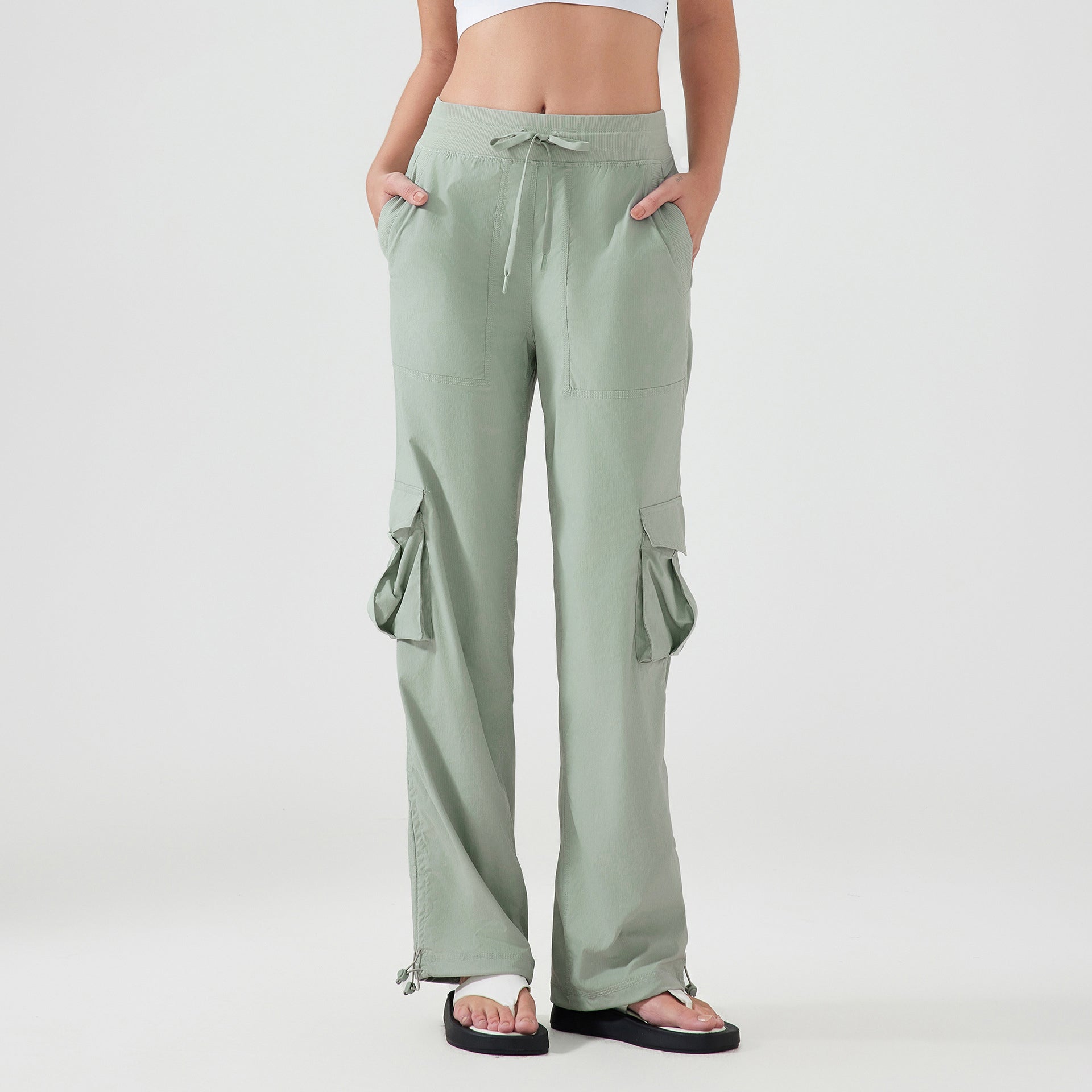 Utility Pockets Wide-Leg Relaxed Fit Casual Pants-Khaki