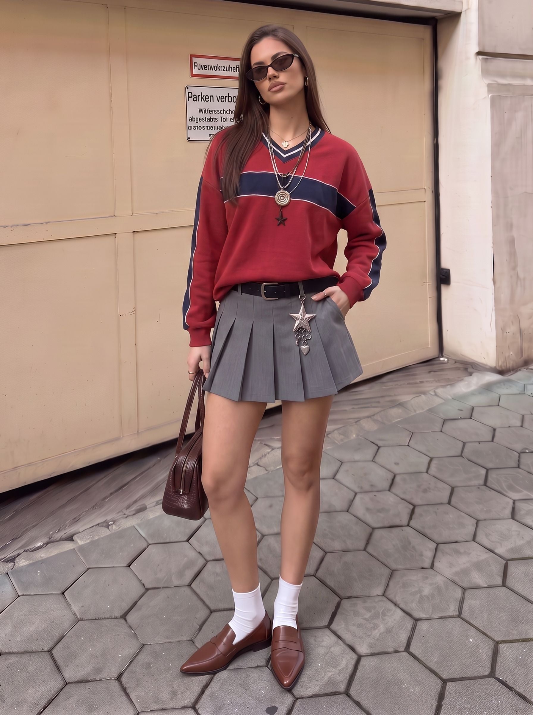 Oversized V Neck Varsity Knit Sweater