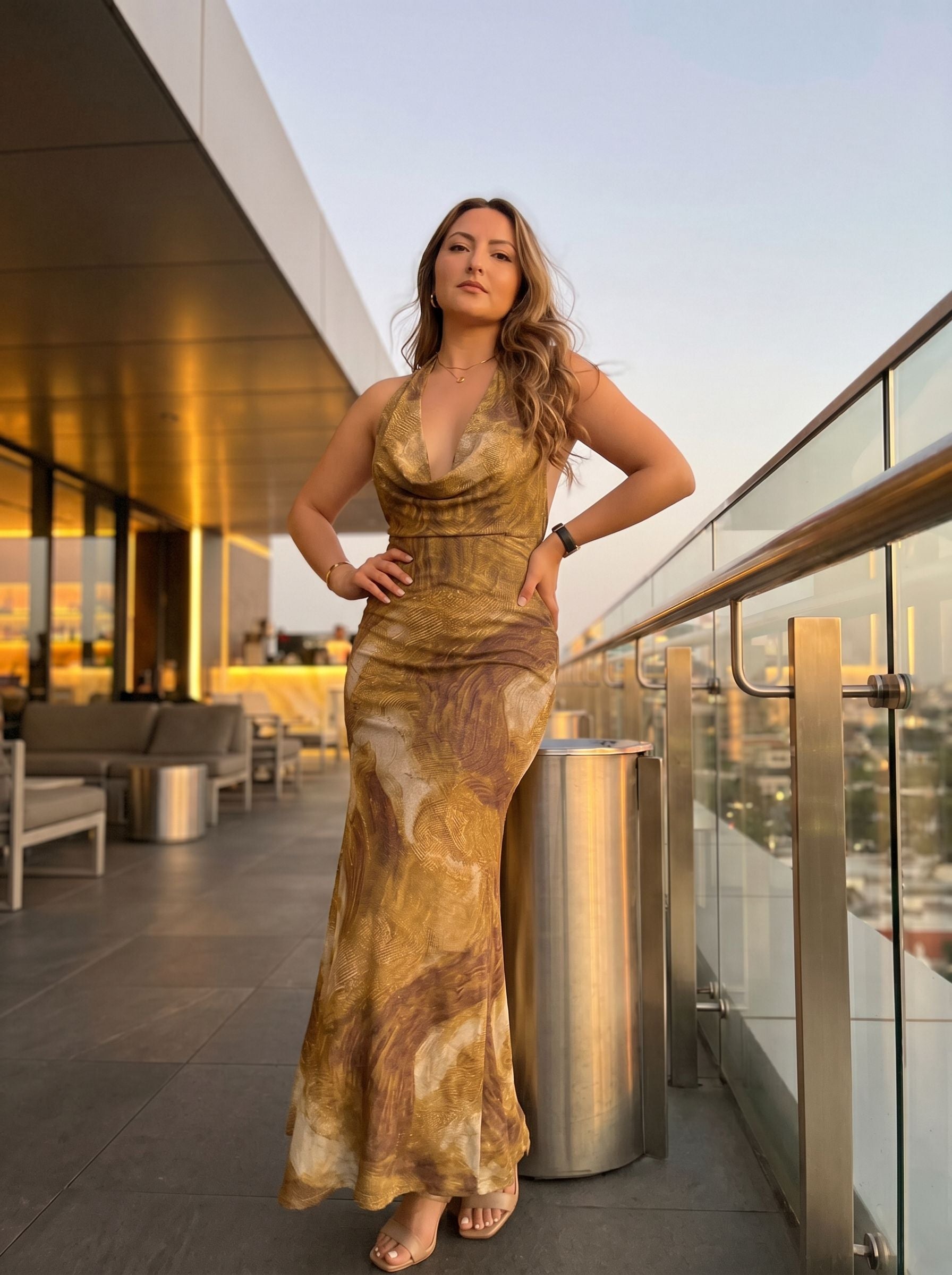 Tatiana Peñaloza's Gold Marble Print Midi Dress