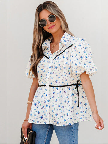 Floral Puff Sleeve Button Down Shirt