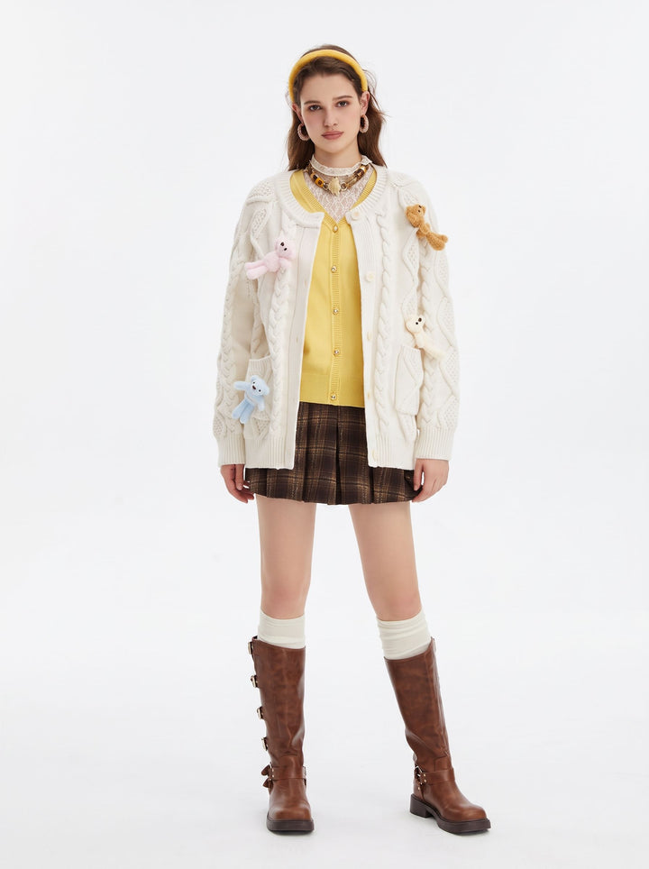 Cute Bear Applique Cable Knit Cardigan
