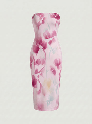 MAIA Floral Print Strapless Sheath Midi Dress