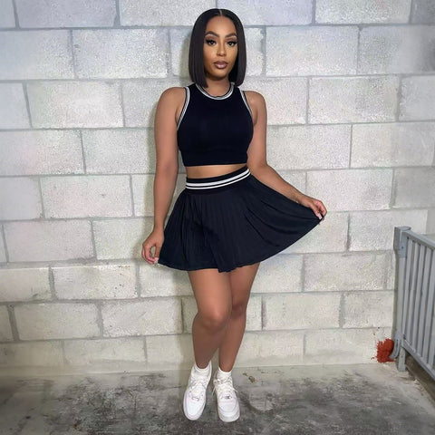 Athletic Ribbed Crop Pleated Skirt Set