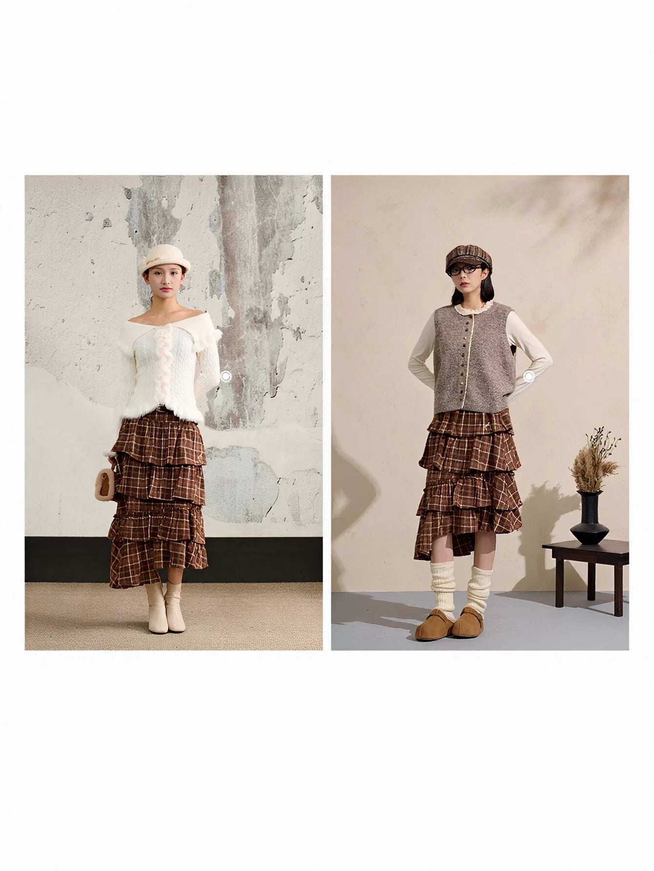 Plaid Ruffled Asymmetrical Tiered Skirt