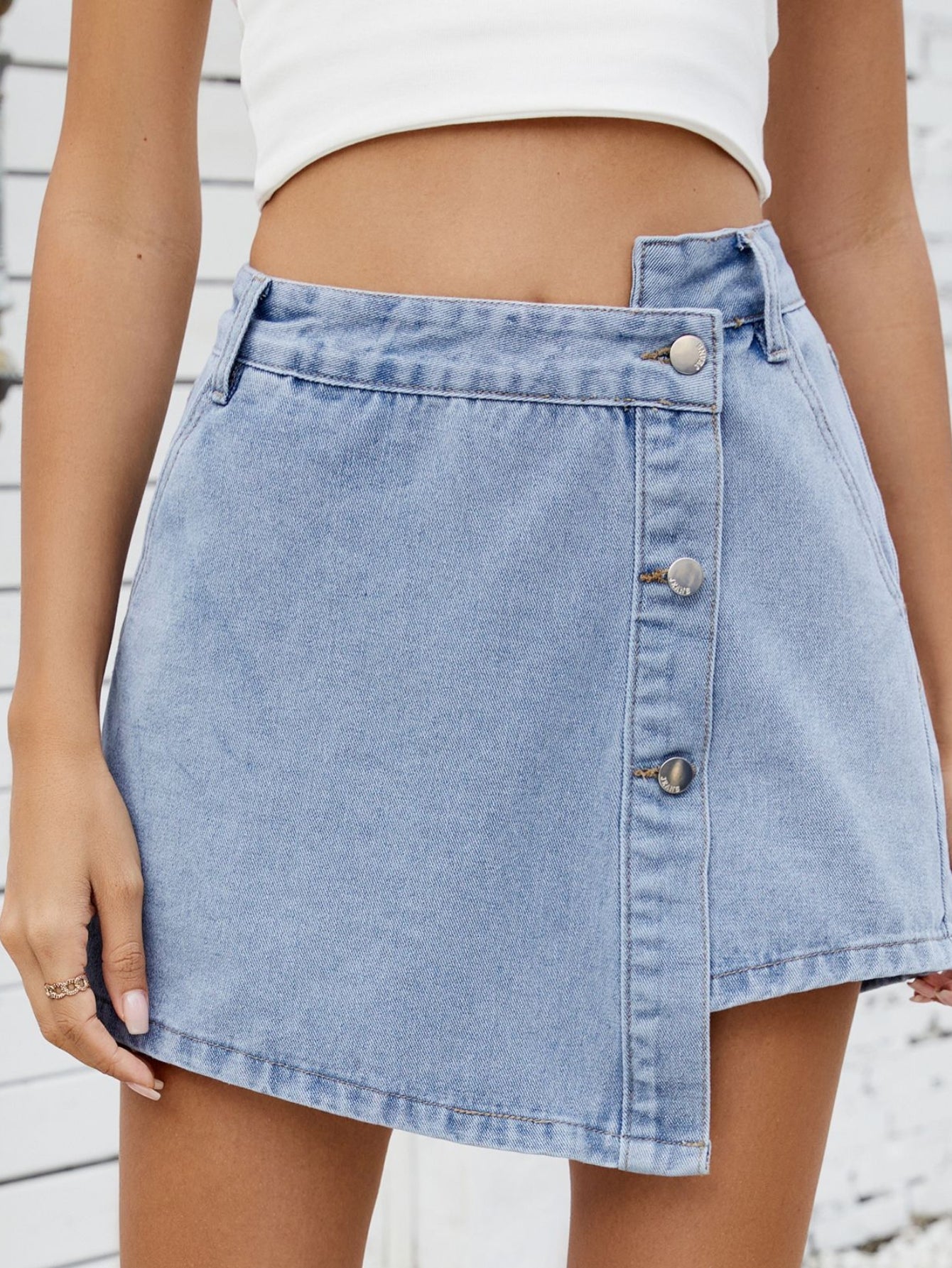 High Waisted Button Front Denim Skirt