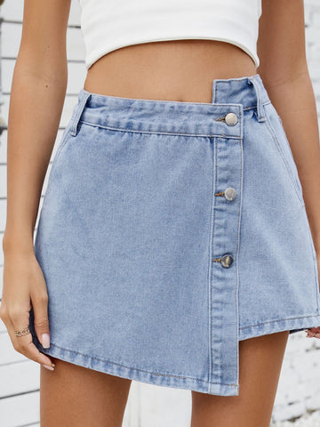 High Waisted Button Front Denim Skirt