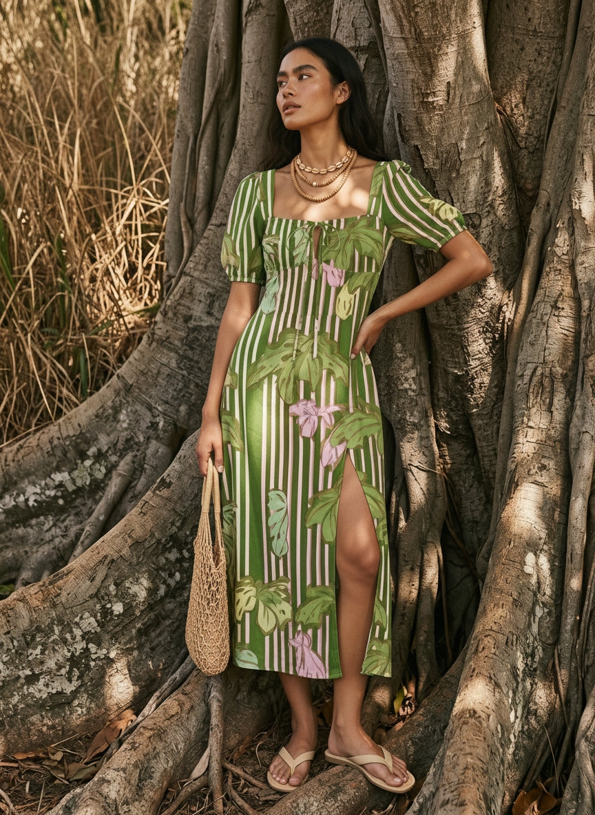 Floral Print Puff Sleeve Tie MidiDress