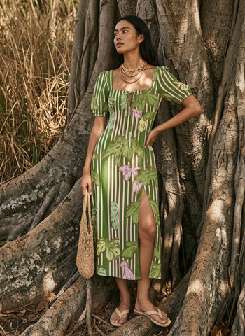 Floral Print Puff Sleeve Tie MidiDress