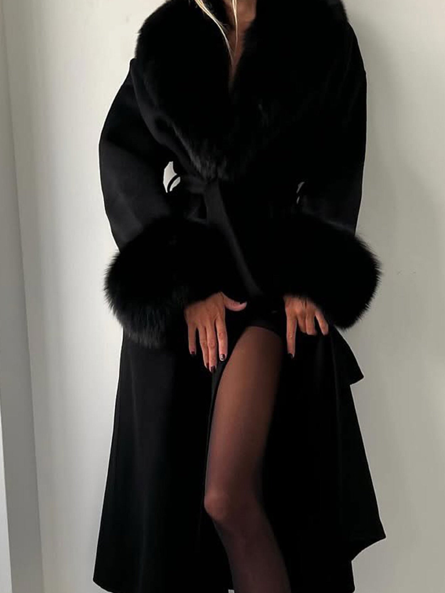 Faux Fur Trim Wool Long Coat