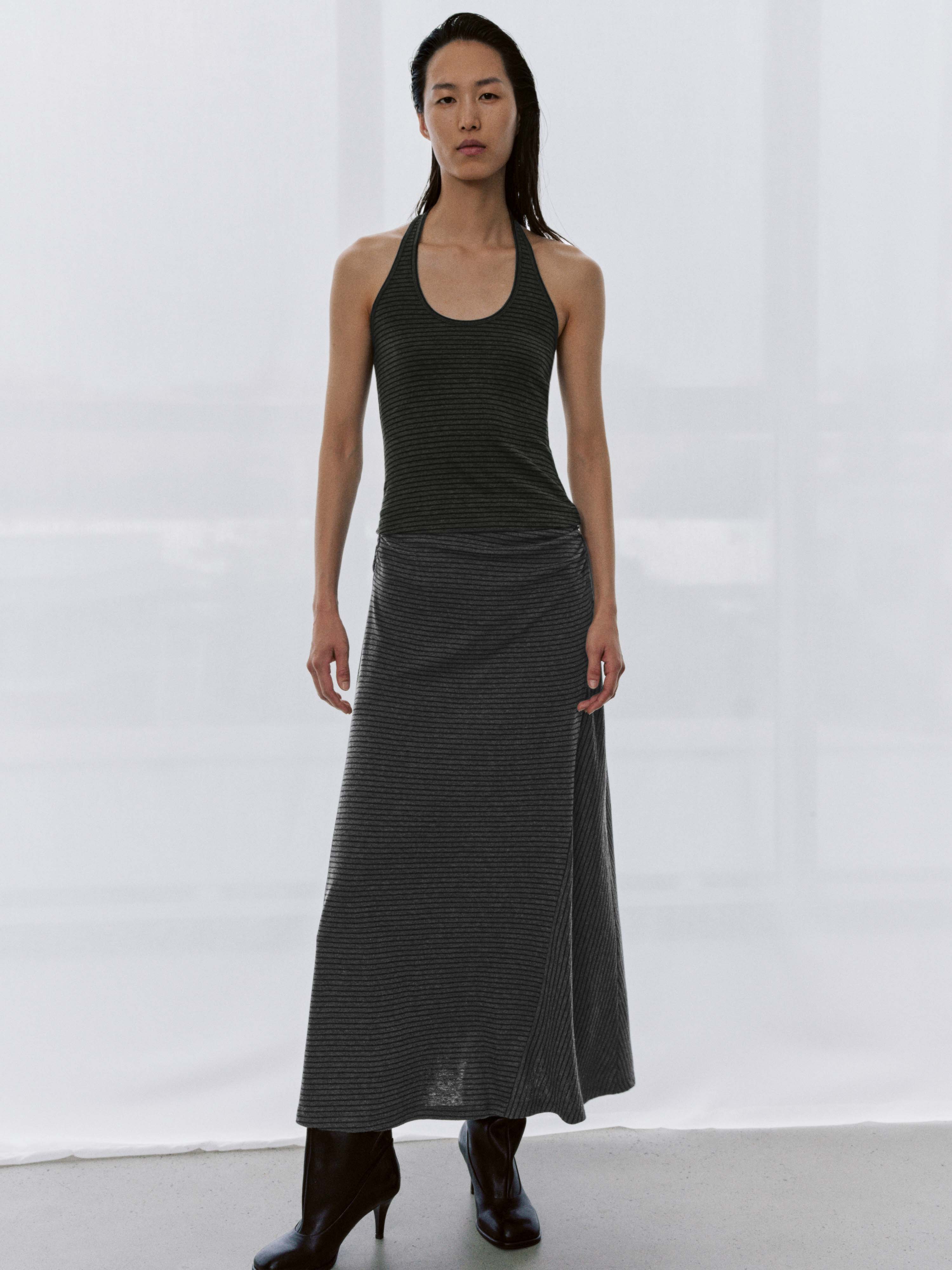 Asymmetric Striped Ruched Straight Maxi Skirts