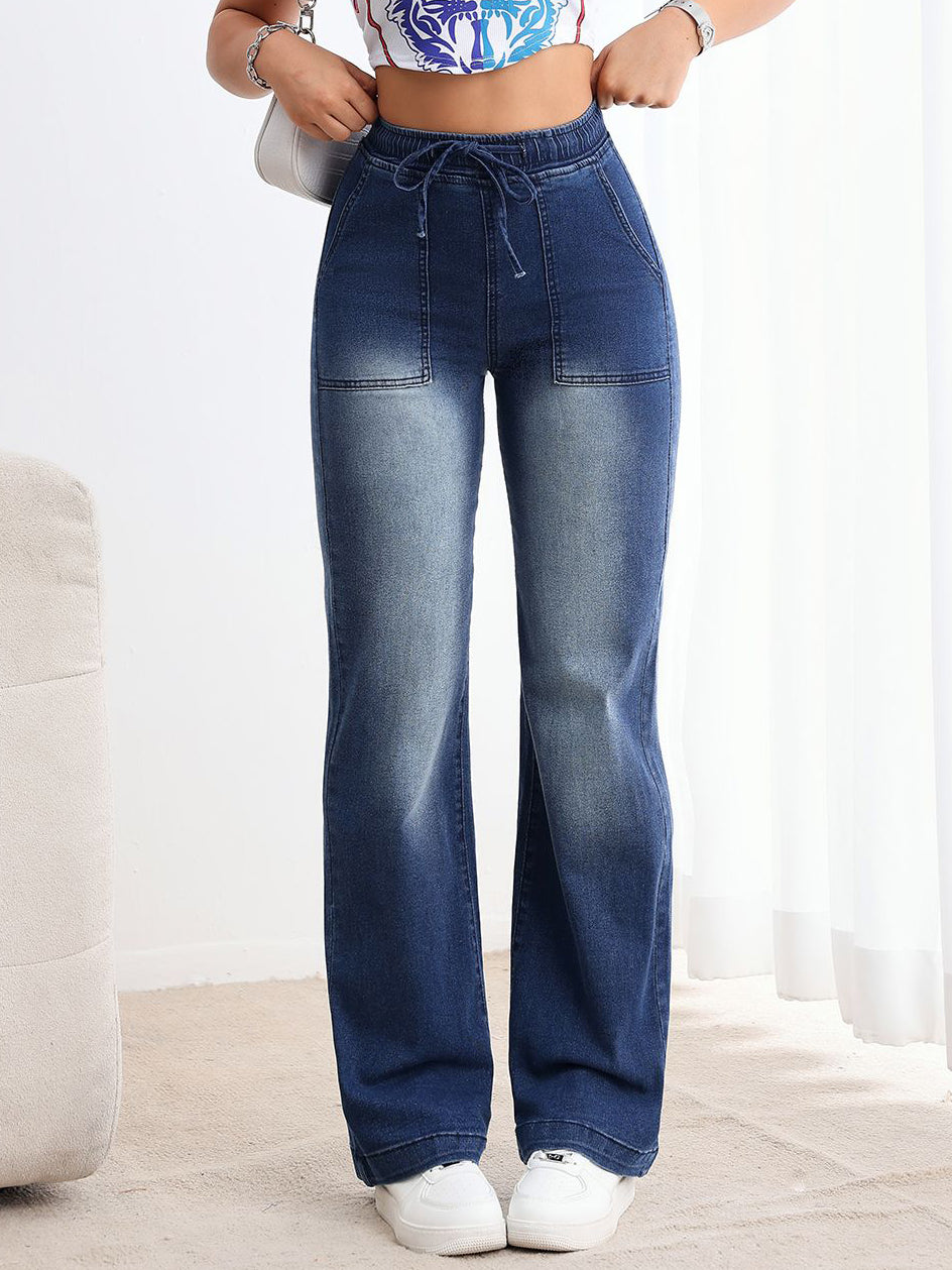 High Waisted Drawstring Wide Leg Jeans