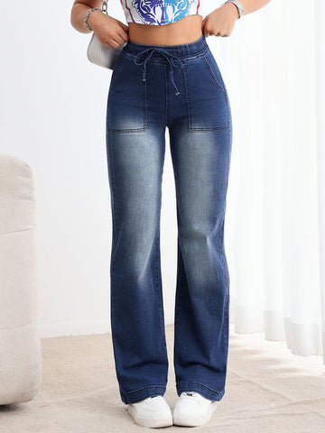High Waisted Drawstring Wide Leg Jeans
