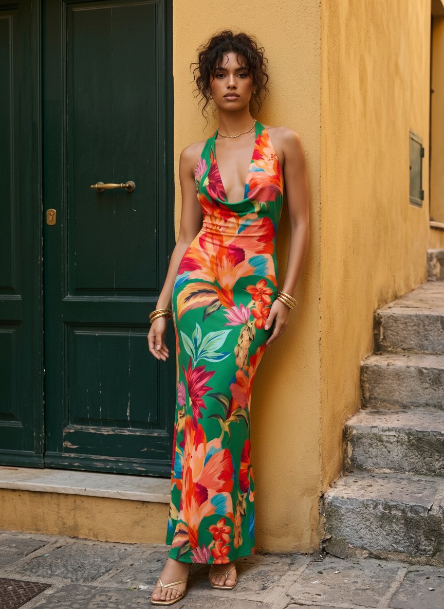 Floral Print Cowl Neck Bodycon Maxi Dress