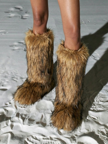 Plush Faux Fur Slip-On Design Cozy Boot-Brown