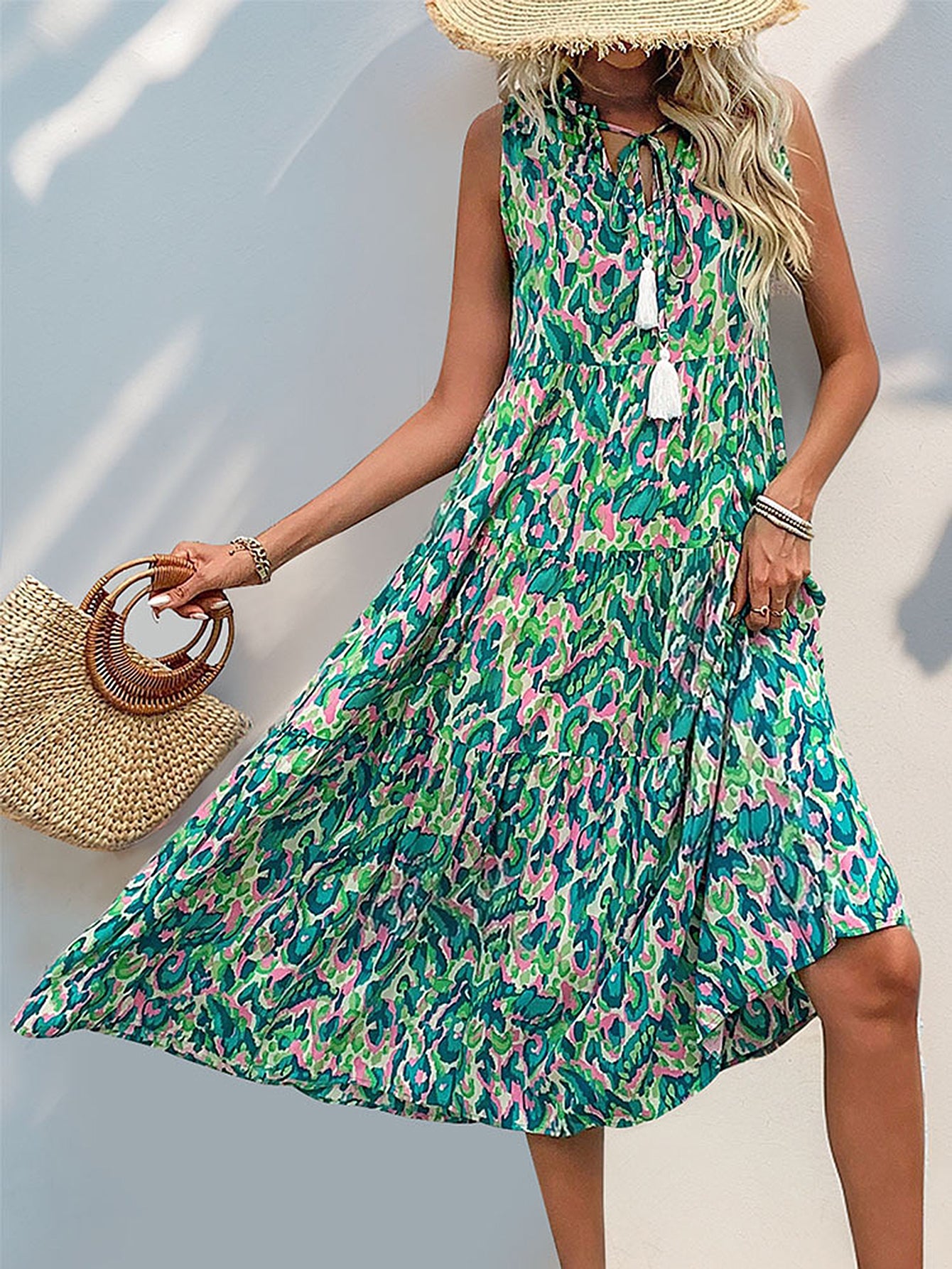 Teal Abstract Print Fringe Detail Maxi Dress