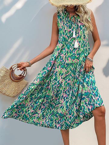 Teal Abstract Print Fringe Detail Maxi Dress