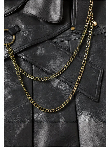 Distressed Faux Leather Pleated Mini Skirt