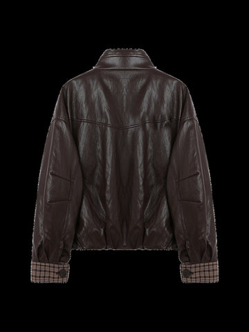 Plaid Trim Oversized Faux Leather Jacket