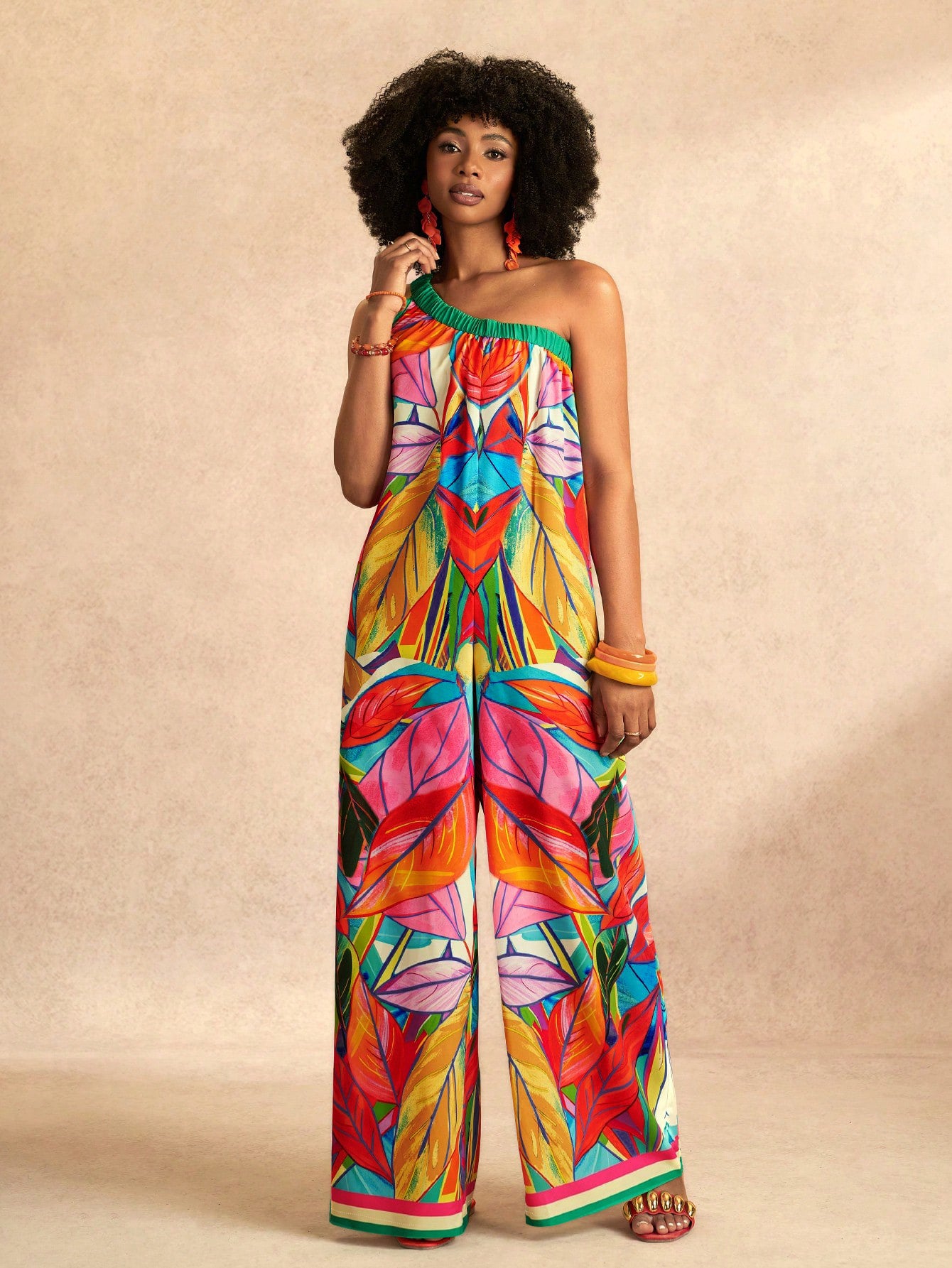 Tropical One Shoulder Wide Leg Jumpsuit