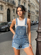Distressed Denim Raw Hem Overall Shorts