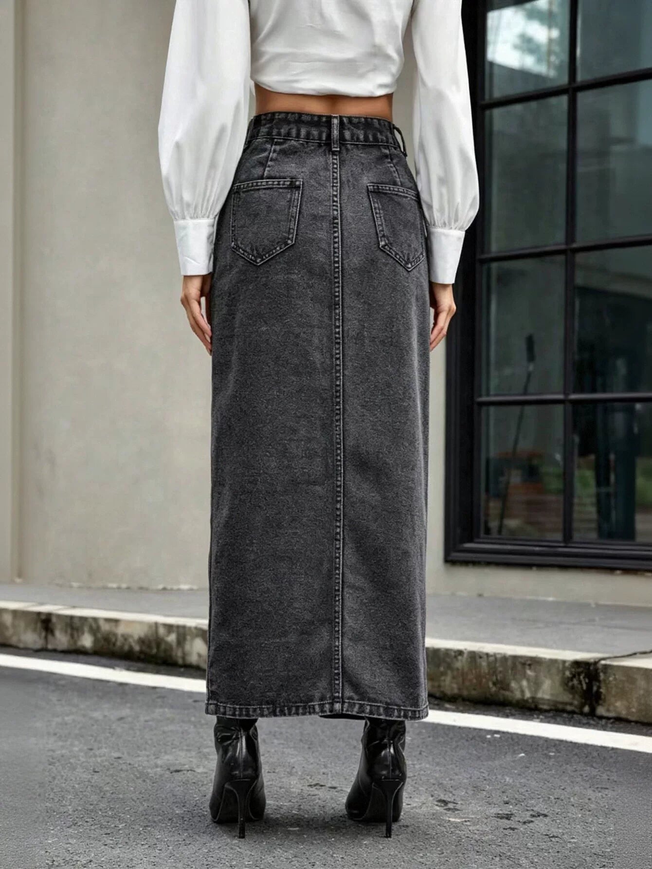 High Waisted Button Front Denim Maxi Skirt