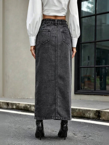 High Waisted Button Front Denim Maxi Skirt