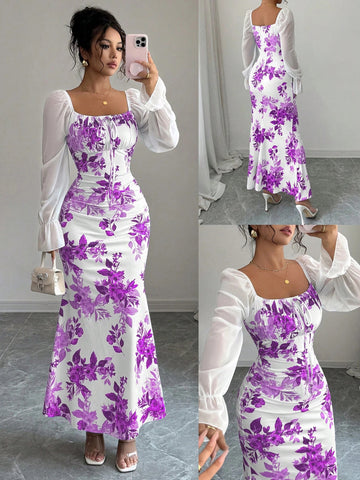 Floral Print Sheer Sleeve Maxi Dress