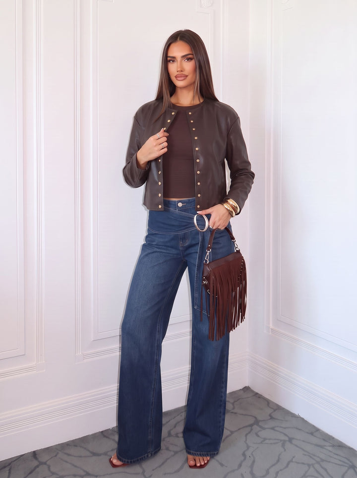 Gold Studded Brown Faux Leather Jacket