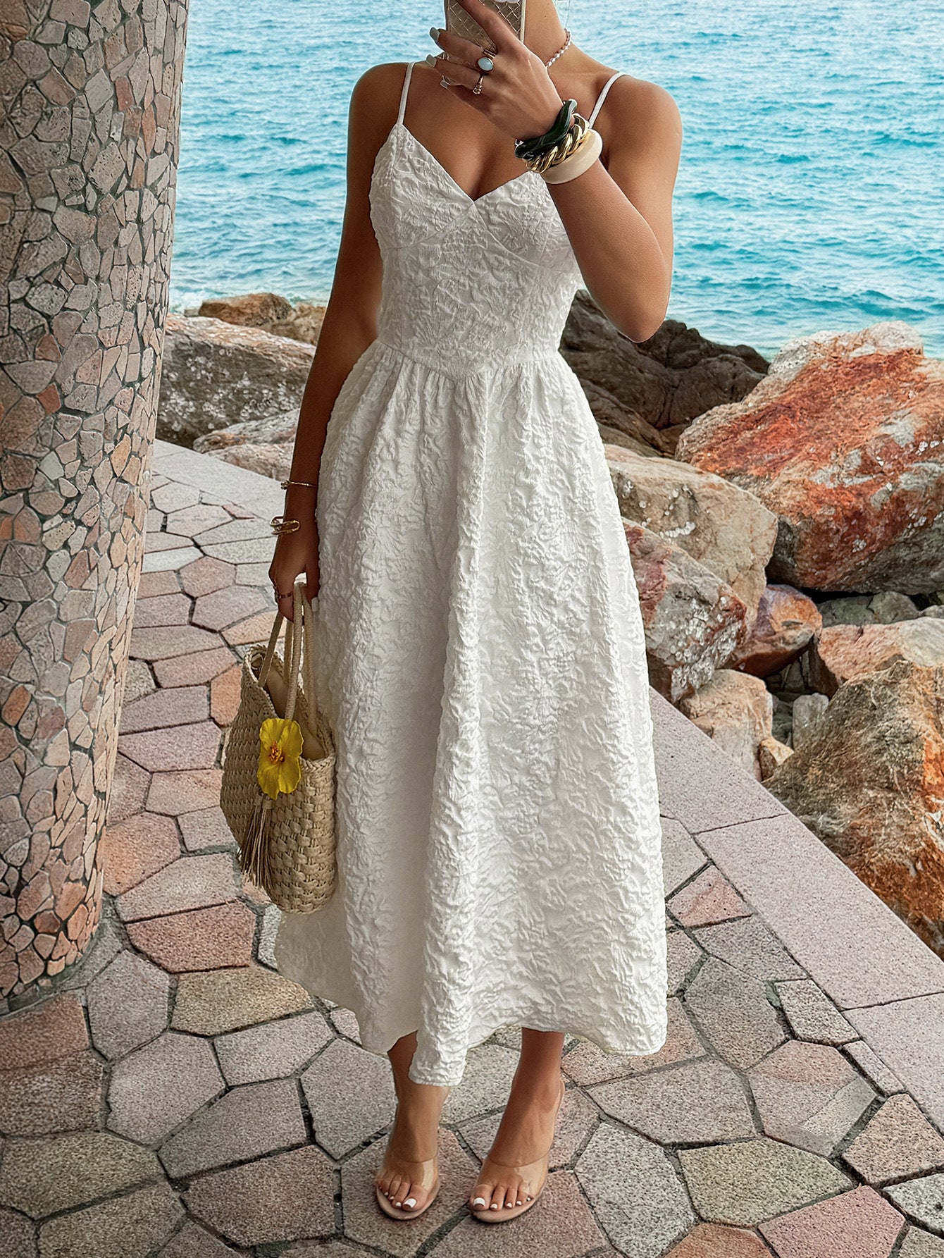 Textured White V Neck Midi Dress