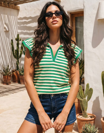 Striped Ruffle Sleeve Polo T-Shirt