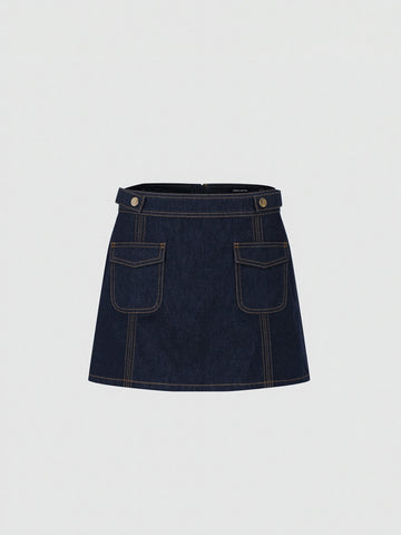 Flap Pocket Stitch Detail Denim Mini Skirts