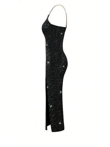 Glittery Cutout Chain Strap Midi Dress